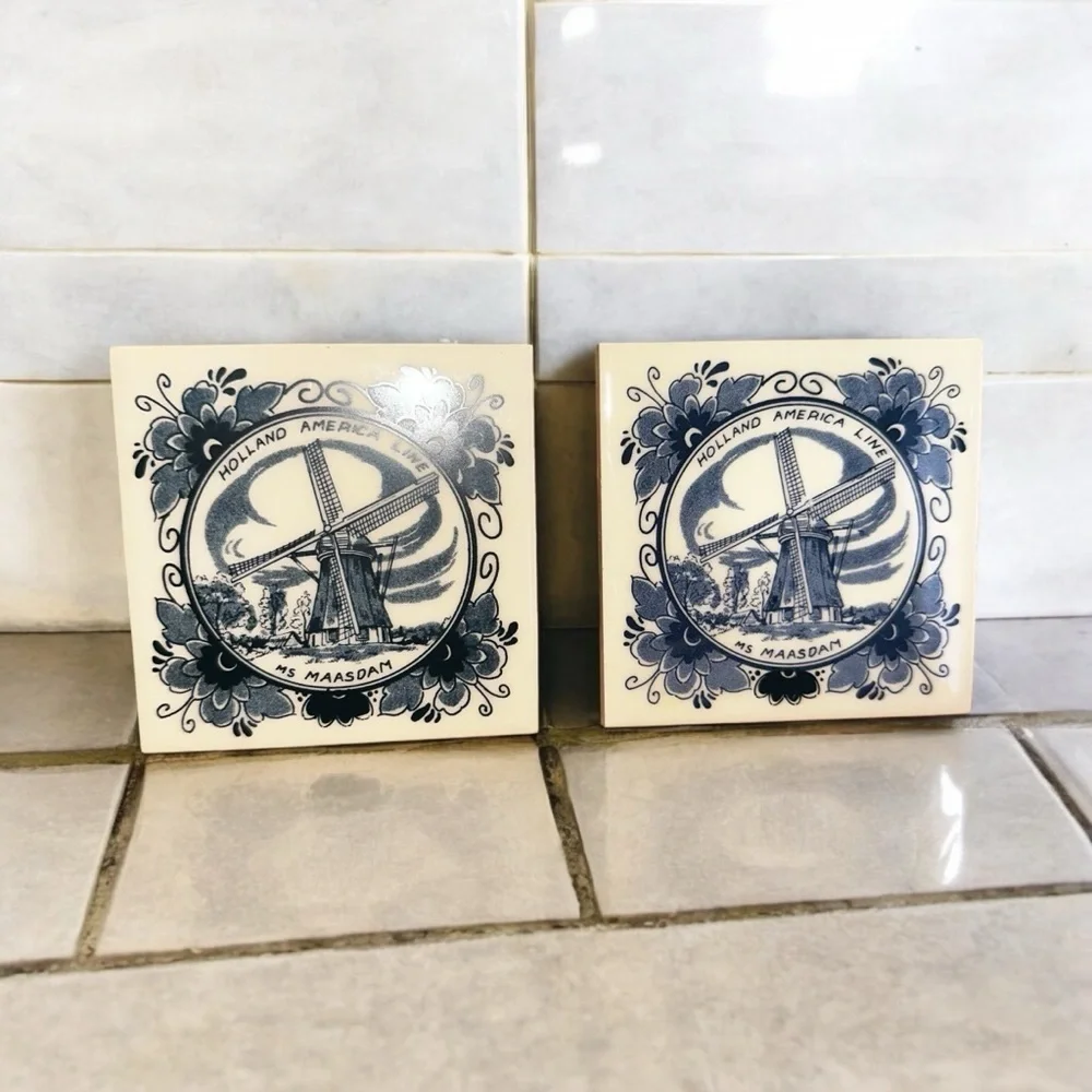 2 Vintage Holland American Line Porcelain Coasters Delft Blue Ms Maasdam